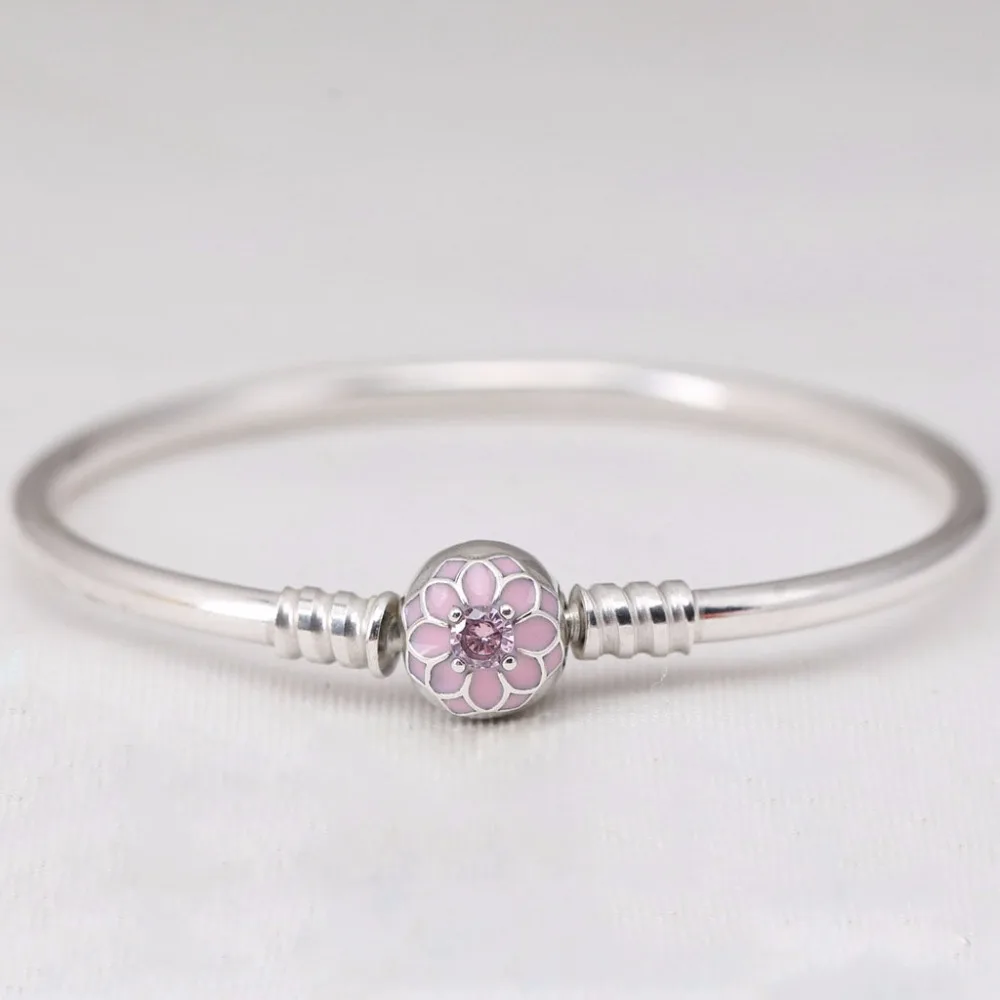 Compatible with European jewelry silver bangle pink enamel flowers zircon 925 sterling silver charm DIY wholesale DIY making