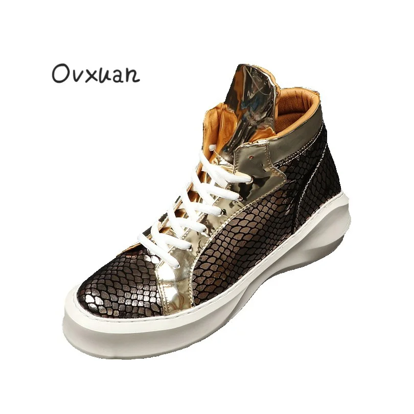 

Ovxuan High Loafers Snake Pattern Genuine Leather Glitter Luxury Brand Handmade men Shoes flats moccasins Party Prom Shoes Men