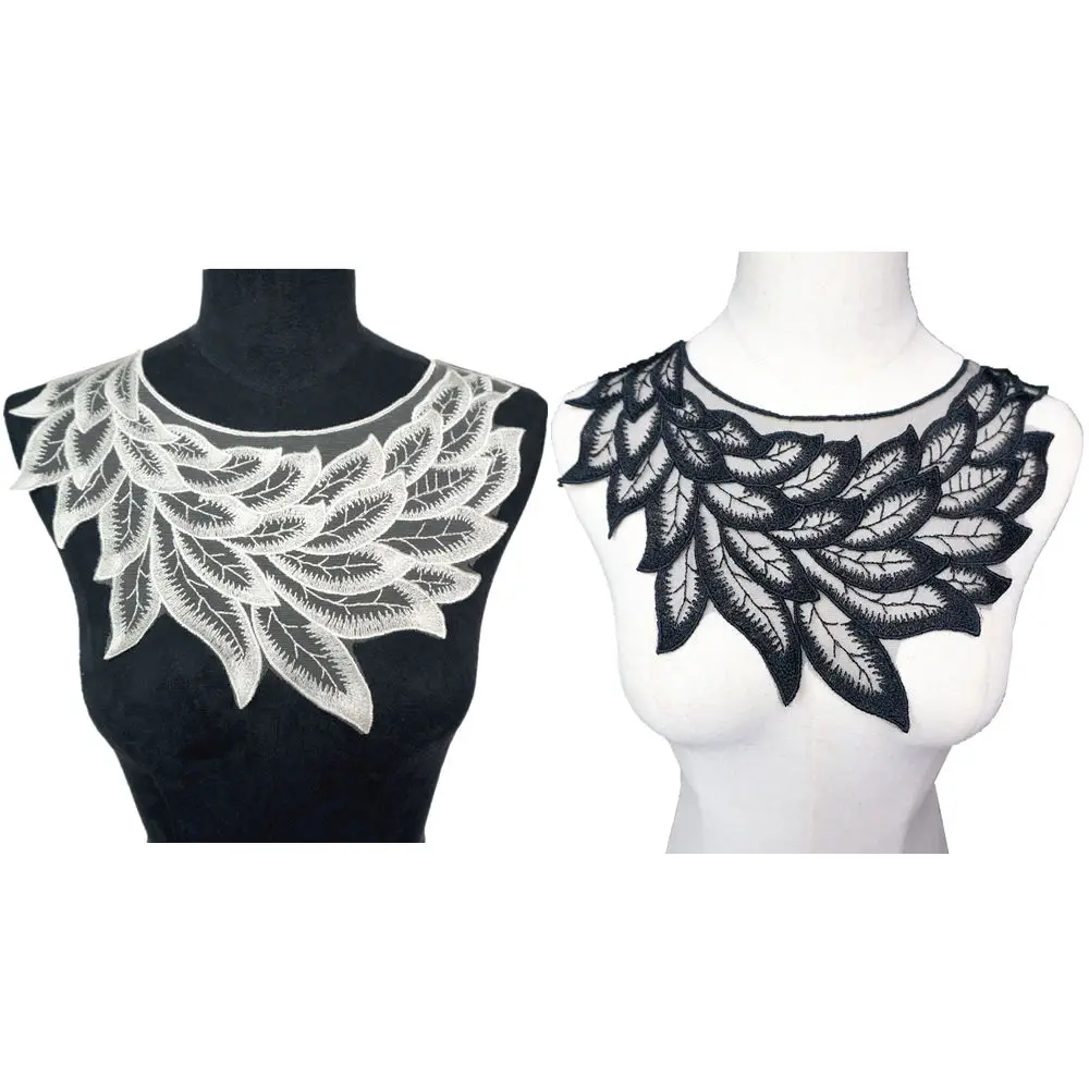 

30CM Black White Embroidered Lace Feather Leaf Collar Appliques Vintage Mesh Trims Sew On Patch For Wedding Evening Dress DIY