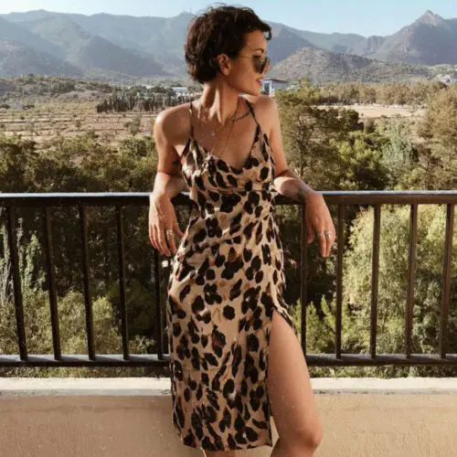 

Women's Summer Boho Casual Evening Party Sleeveless Leopard Beach Dress Sundress V Neck Split Spaghetti Strap Dresses