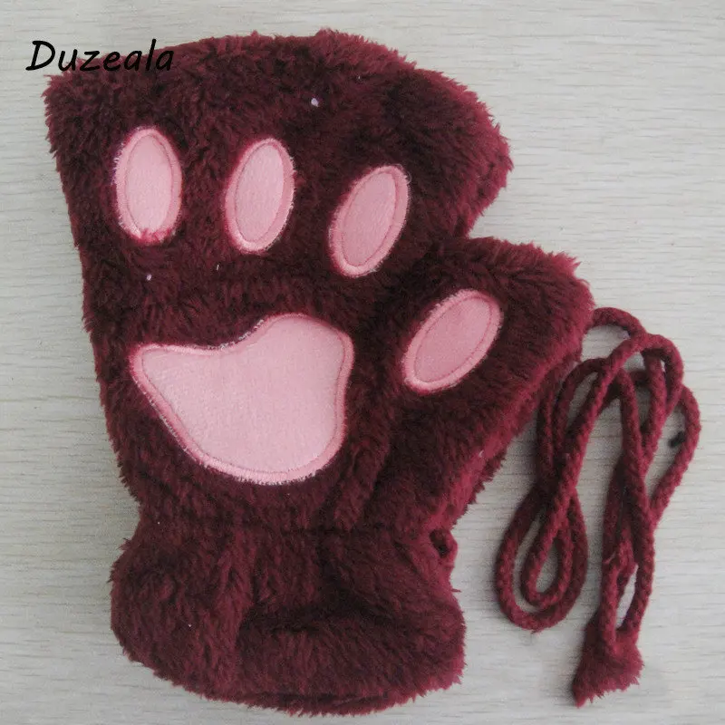 Duzeala 1 пара для женщин и девочек прекрасная зимняя теплая перчатки без пальцев пушистый медведь кошка плюшевая лапа коготь Половина пальцев перчатки варежки - Цвет: Wine red