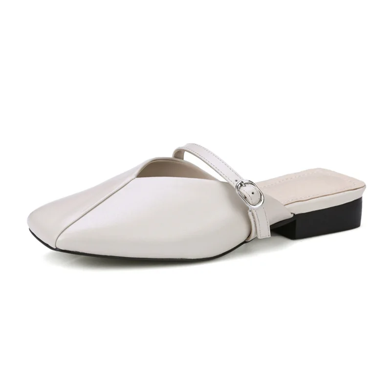 

Genuine leather shoes woman sandals Slippers female 2018 pumps casual square head thick half bag head fashion belt buckle