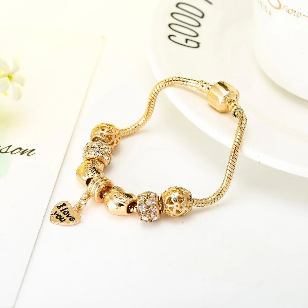 I LOVE YOU браслеты с подвесками золотого цвета для женщин Золотые кристаллы DIY бусины брендовые браслеты и браслет ювелирные изделия подарок