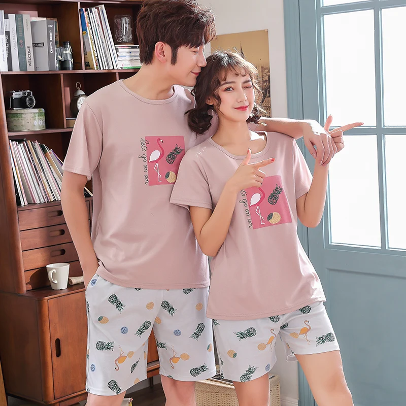 

Plus Size M-4XL Cotton Couple Pajamas For Summer Short-sleeved Home Service Two-piece Suit For Men Lovely Animal Pijamas Mujer