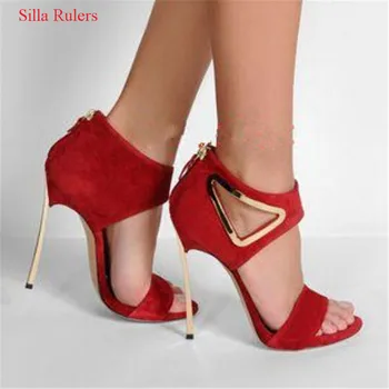 

Fashion Red Black Suede Women Sandals Cut Outs Metal Deco High Heels Gladiator Sandals Women Shoes Woman Pumps Sandalias Mujer