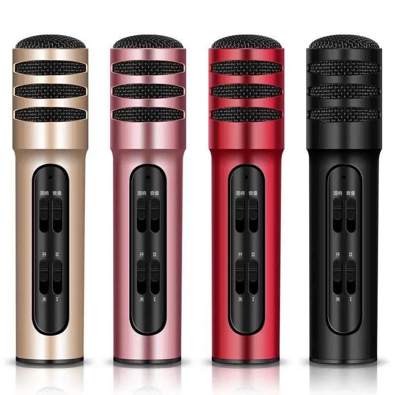 

Condenser Microphone Dual Mobile Phone Karaoke Live Singing Microphone Built-in Sound Card with free gift earphone