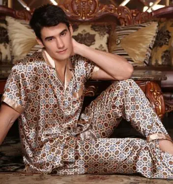 Мужская Шелковая пижама с короткими рукавами, Мужская домашняя одежда для отдыха, топ, штаны, клетчатые пижамы для взрослых, шелковая ночная рубашка, домашняя одежда, D-2178 - Цвет: StyleF