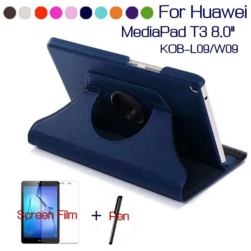 Вращающийся чехол из искусственной кожи для huawei MediaPad T3 8,0 Honor Play Pad 2 KOB-L09 KOB-W09 чехол для планшета+ пленка для экрана+ ручка