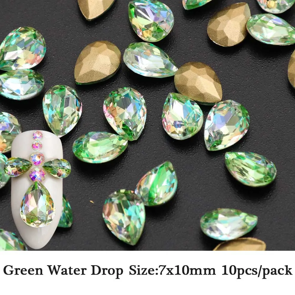 Green Waterdrop 7x10 10 шт., 3D кулоны для ногтей, кристаллы, блестящие стразы AB, капля воды, восьмиугольник, овальные Стразы, гель для ногтей, драгоценные камни, Декор, аксессуары, маникюр BEA03 - Цвет: Green Waterdrop 7x10