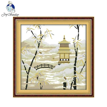 

Joy Sunday scenic style Chinese scenery 14ct and 11ct fabric printable cross stitch patterns for oriental design painting
