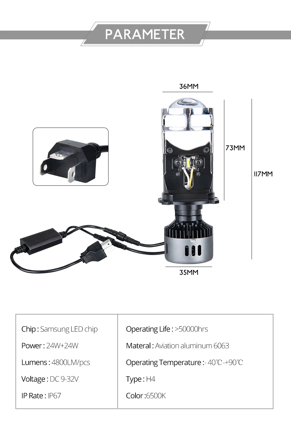 Aceersun H4 LED H4 Spotlight car headlight 6500K Hi L o beam Bulb CANBUS have Mini Projector Lens 48W 9600LM 12V 24V 9003 HB2 (3)