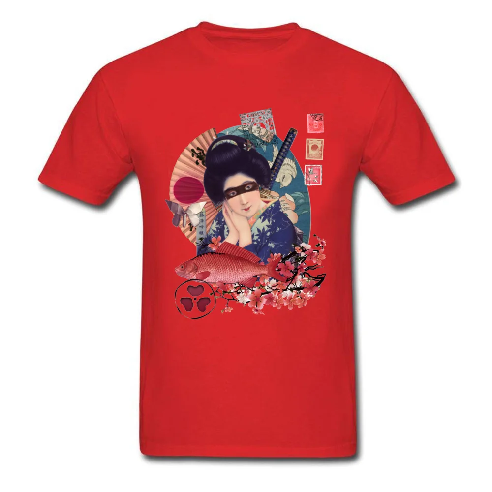 T Shirt T-Shirt Collage-Geisha-Samurai-Indigo-and-Marsala-Kio- Mother Day 100% Cotton Crew Neck Mens T-Shirt Printed On Funny Collage-Geisha-Samurai-Indigo-and-Marsala-Kio- red