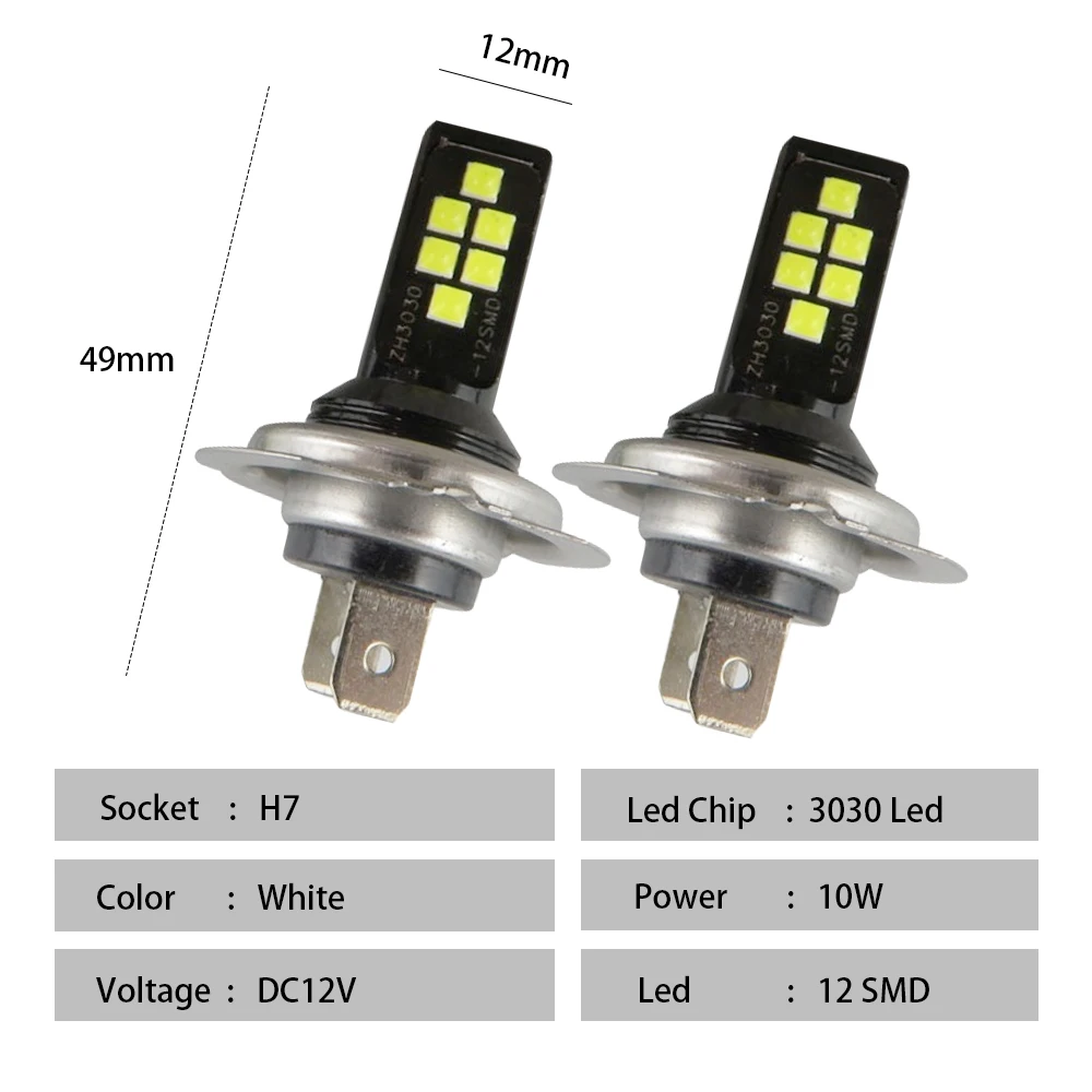 2PCS H7 LED Car Fog LED Light Bulbs 3030 12 LED Canbus Lamp DRL 12V White Yellow Red Car Driving Running Lamp Auto Led H7 Bulb