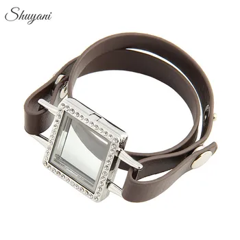 

5pcs/lot Fashion 4Colors Rhinestone Magnetic Glass Floating Locket with Leather Wrap Locket Bracelet for Charms Jewelry
