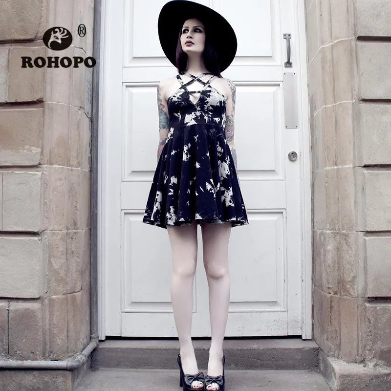 

ROHOPO Halter Pentagram Bandage Neck Punk Preppy Dress High Waist Flare Pleated Lolita Vintage Goddess Accordion Mini Dress