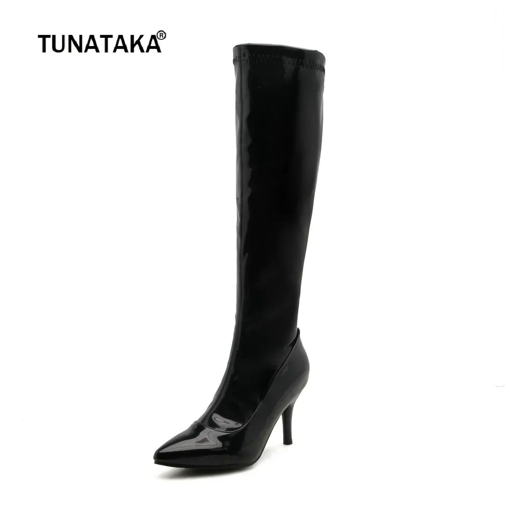 

Sexy Pantent Leather Knee High Boots Thin High Heel Fashion Zipper Boots Pointed Toe Autumn Winter Ladies Shoes Plus Size 2018