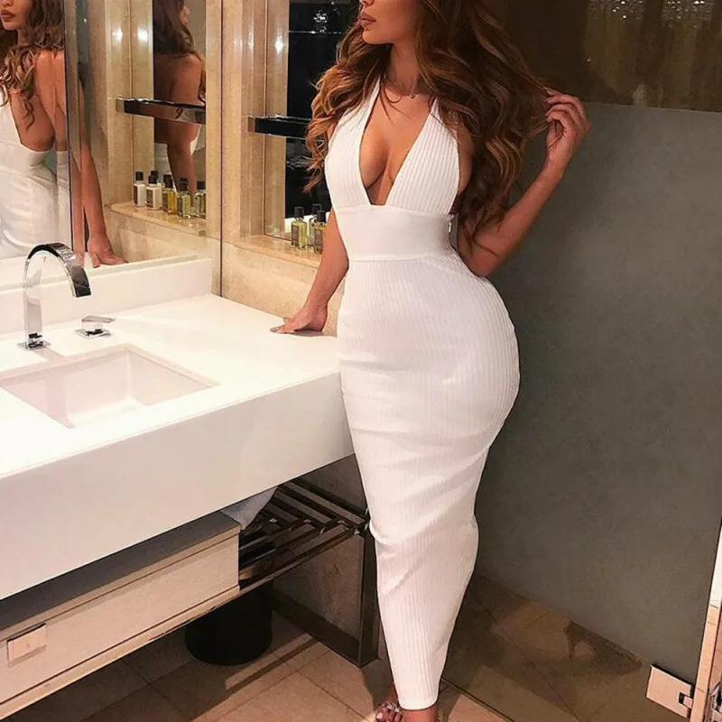 

Women Dresses Halter Backless Sexy Knitted Pencil Dress White Off Shoulder Long Bodycon Party Dress Elegant