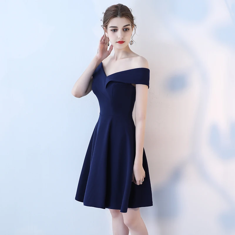 Navy Blue Off Shoulder Boat Neck Elegant Prom Dress