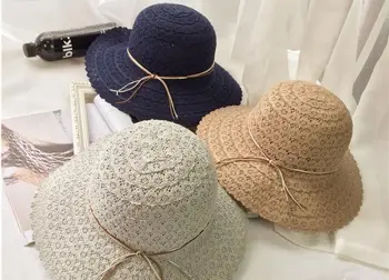 

10pcs free shipping/2017-A137 summer Hollow out bowknot women Lace knitting beach cap ladys sunscreen hat wholesale