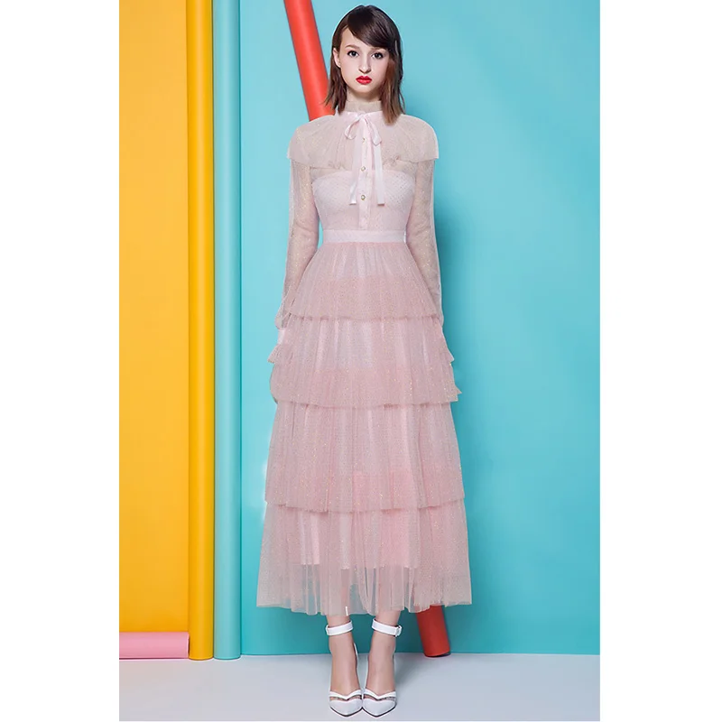 

sweet lolita bling gold glitters pink mesh dress ribbon bow tie collar button multi layers long sleeve princess ball gown dress