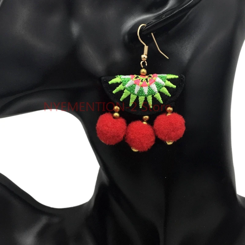 40PCS MANILAI HMONG EMBROIDERY EARRINGS WITH POM POM EARRINGS ETHNIC STYLE ACCESSORIES DANGLE EARRINGS FOR WOMEN 2018