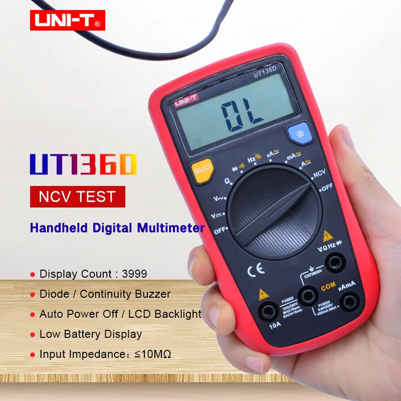

UNI-T UT136A/B/C/D Auto Range Multimeter AC DC voltmeter Ammeter Resistance Frequency Duty Cycle Diode Continuity Buzzer Tester