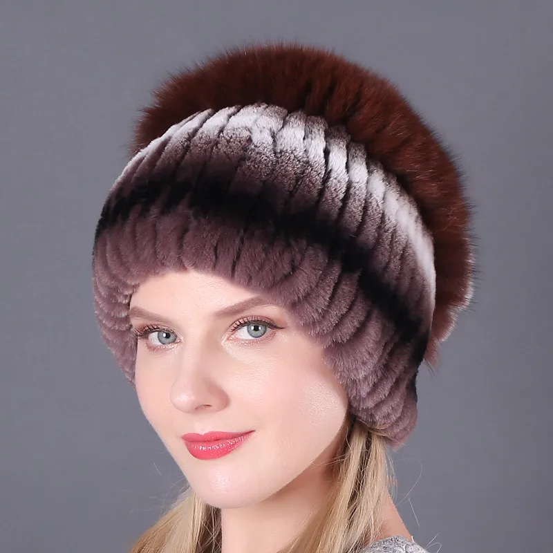 Настоящий мех кролика с лисьим мехом вязаные шапки женские зимние шапки повседневные женские шапки Теплый натуральный мех женская шляпа - Цвет: color1