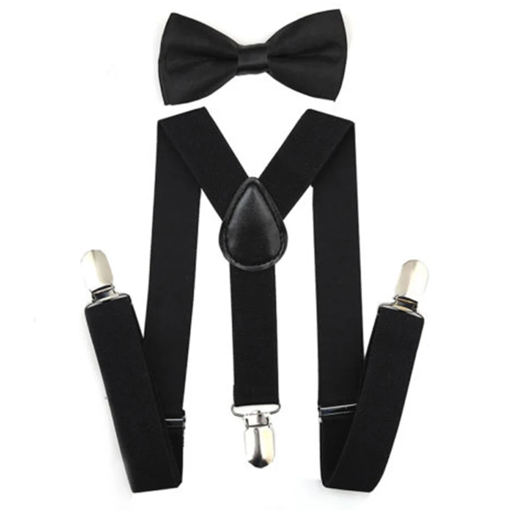 Регулируемая мода мальчиков хлопчатобумажный галстук вечерние галстуки подарок высокое качество для маленьких мальчиков малышей бабочка галстук-бабочка+ на подтяжках комплект одноцветное Цвет - Цвет: Black