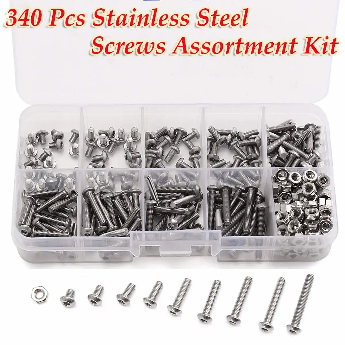 

340pcs/set M3 Button Head Hex Socket Screw Bolt Nut Stainless Steel A2 Screws Nuts Assortment Kit Fastener Hardware