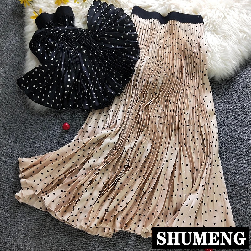 Новая Винтажная Женская плиссированная юбка в горошек с высокой талией, атласная юбка средней длины, женские юбки весна-лето