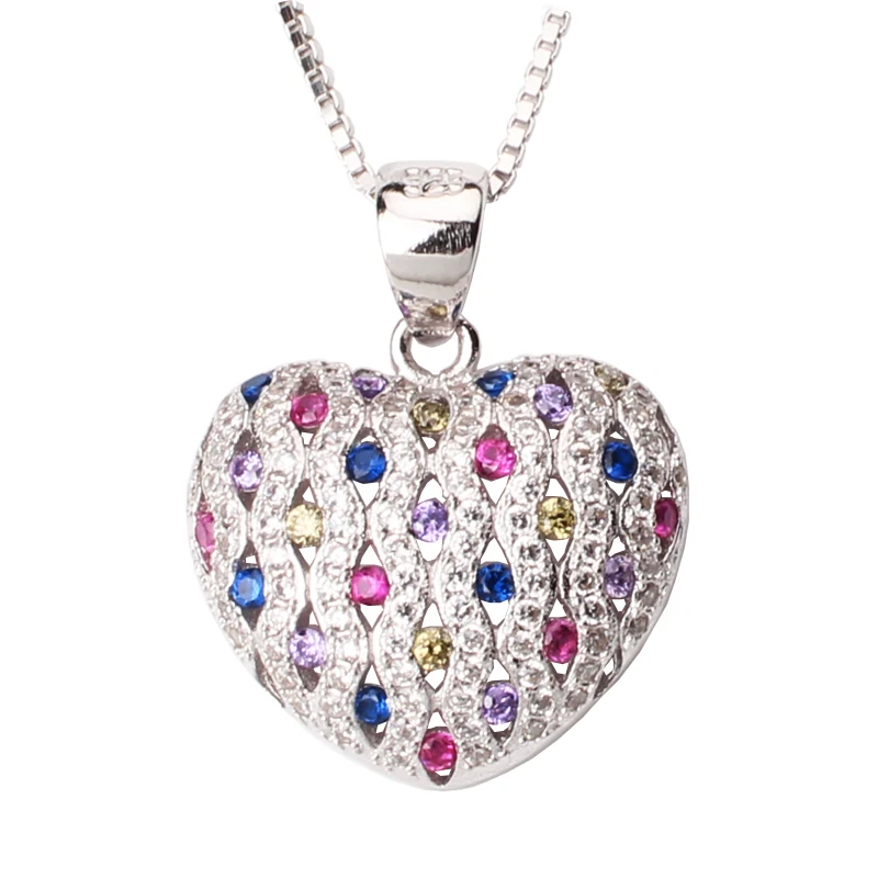 

Fashion Jewelry 925 Sterling Silver Pendant Necklace Heart Shape Charm Multi-color CZ with 18-inch Box Chain P085M