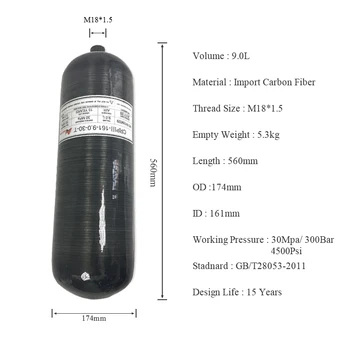 Billige Ac3090 Pcp Paintball Hpa Zylinder 4500Psi Tank 9L Schwarz Druckluft Gewehr Tauchen 300Bar Flasche Jagd Ziele Zubehör