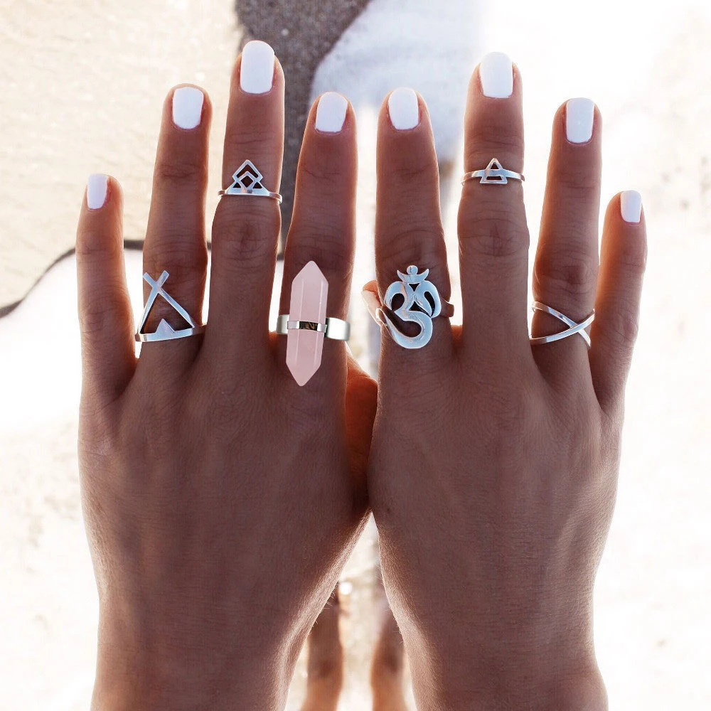 

6 pz / set Bohemia Exaggerated Hexagonal Natural Stone Triangle Geometry Cross Pattern Ring Set Jewelry