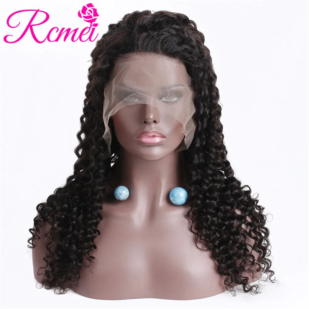 RcmeiHair глубокий волнистый парик фронта шнурка перуанский полный remy волос 150%
