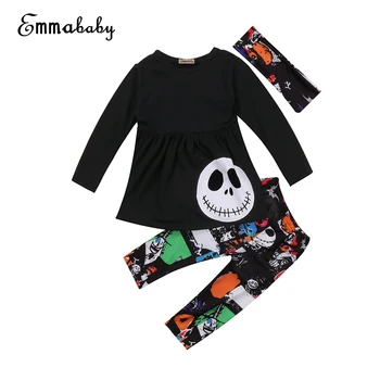 

Casual Kids 3PCS Halloween Clothes Sets Toddler Baby Girls Autumn Outfits Clothes Long Sleeve Skull T-shirt Tops+ Leggings Pants