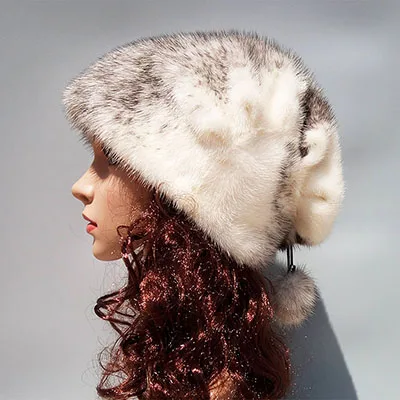Новая стильная зимняя женская шапка из натурального меха норки высокого качества с натуральным благородным узором, шапки Скалли из натурального меха норки - Цвет: Picture colour