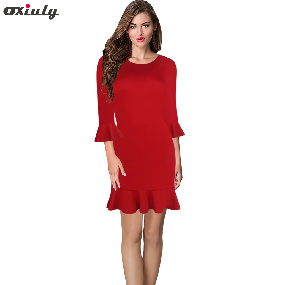 Oxiuly Women Red Dresses Autumn Elegant Flare 3/4 Sleeves Vintage Work ...