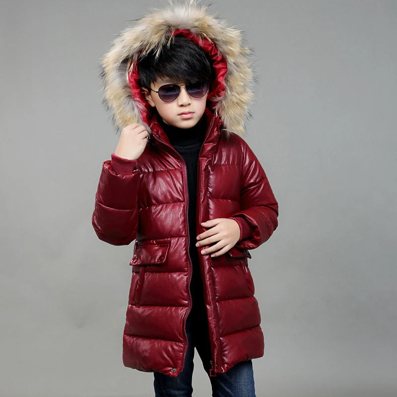 2017 New Girls Boys Winter Warm PU Down Jackets Kids Fur Hooded Casual Children Snow Outerwear Faux Leather Winter Long Coats 2017 New Girls Boys Winter Warm PU Down Jackets Kids Fur Hooded Casual Children Snow Outerwear Faux Leather Winter Long Coats