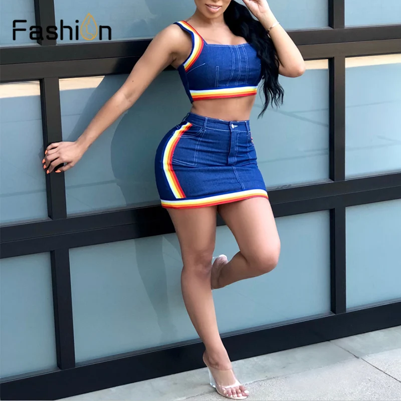 Mini Skirt Suit Blue Denim Matching Set 