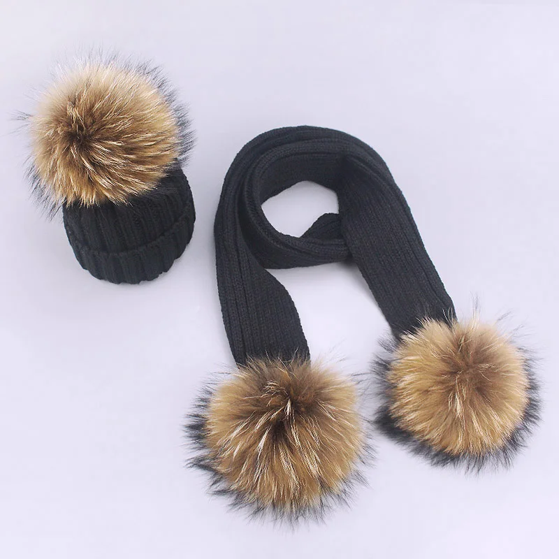 Children Pompon Beanie Hat Scarf Set Autumn Winter Outdoor Knitted Cotton Warm Real Raccoon Fur Pom-pom Caps Scarf 2 Piece Suit - Цвет: Black 3 balls