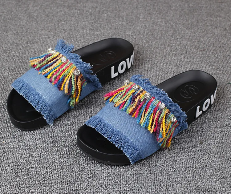 New Summer Colorful Fringed Leather Flat Heel Open Toe Slip Shoes Ladies Casual Slipper 2016 Woman Leisure Footwear Cheap55