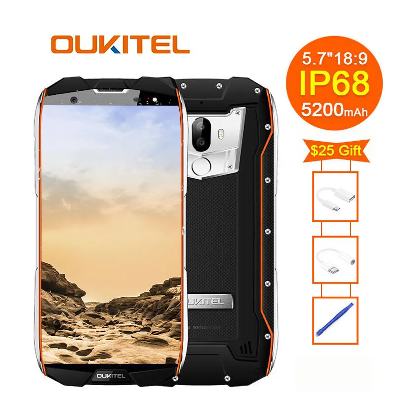 Oukitel Wp5000 Ip68 Водонепроницаемый 6 ГБ, 64 ГБ и 5200 mah 5,7 "18:9 Дисплей Android 7,1 Helio P25 Octa Core 4g отпечатков пальцев 9 v/2a смартфон