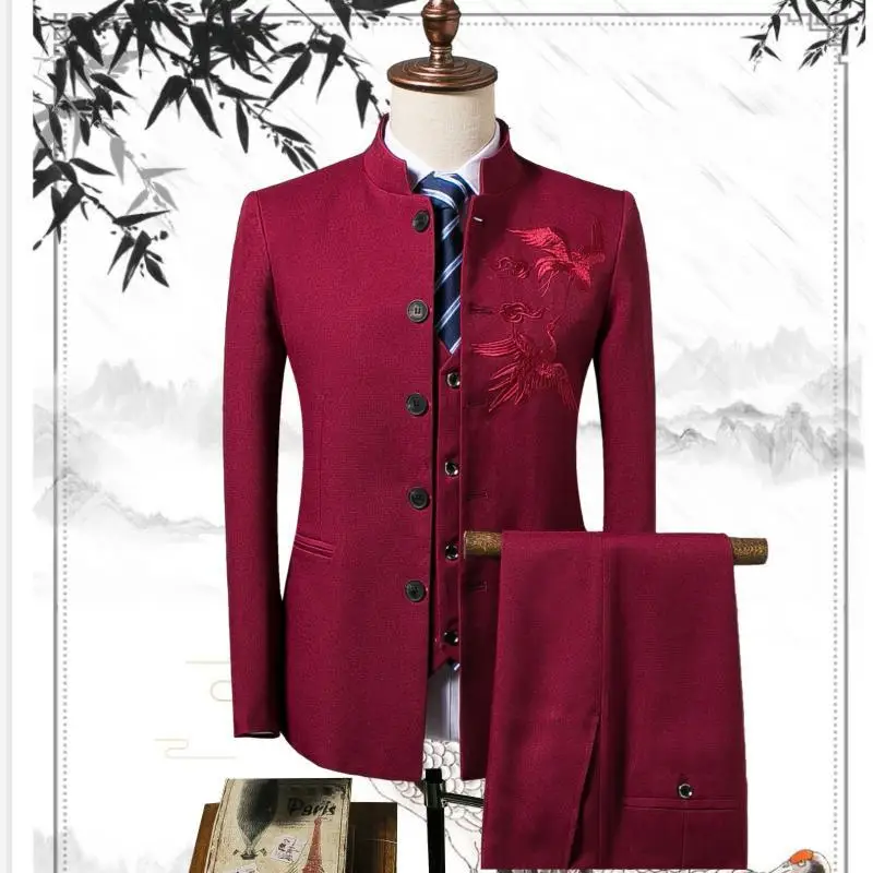 Китайская птица вышивка туника воротник куртка+ жилет+ брюки для мужчин 3 шт тонкий костюм для свадьбы уличная тренировка XXXXL