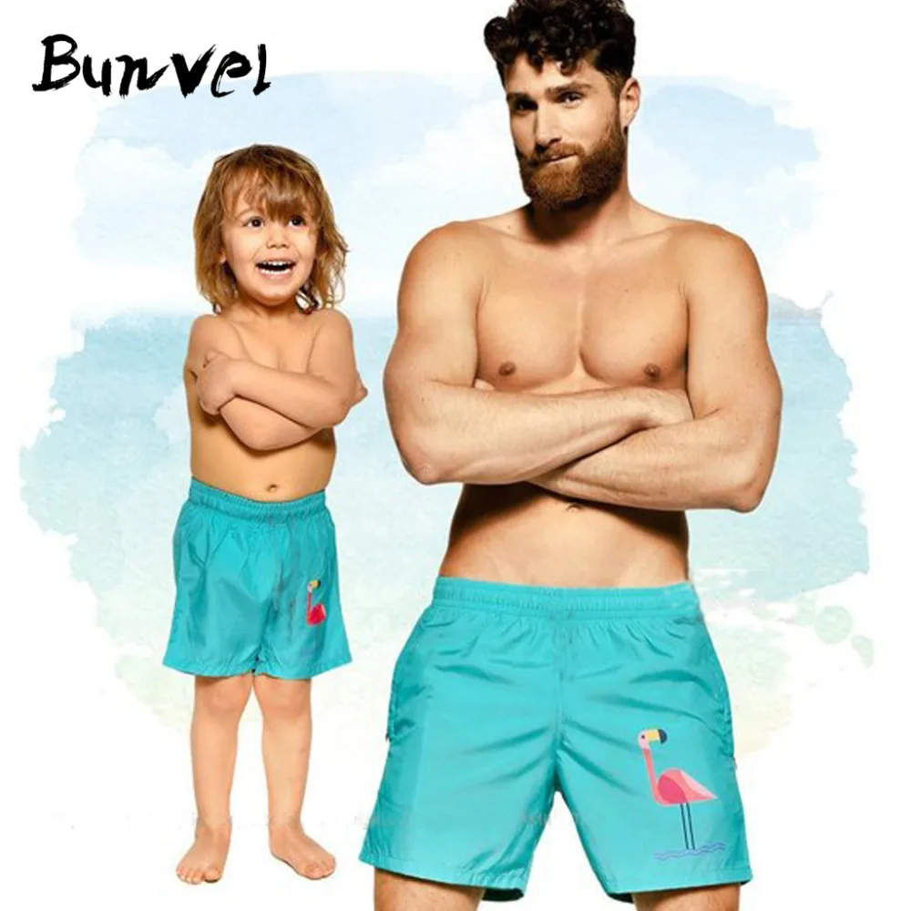 

BUNVEL Summer father and son beach swim trunks Solid color flamingo print Family parent-child swim trunks