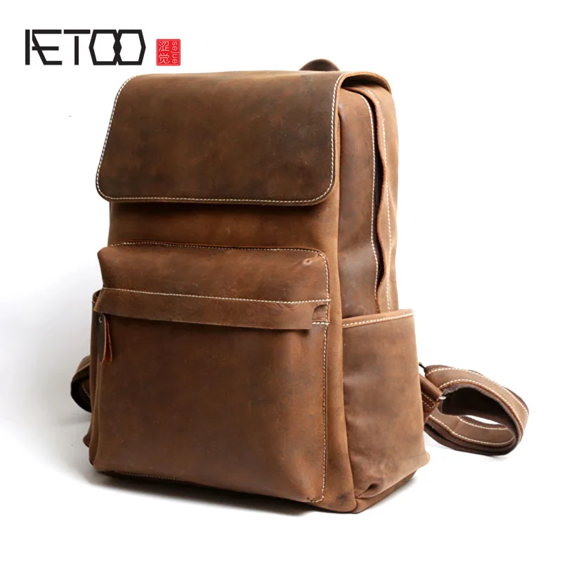 

AETOO Retro leather shoulder bag male mad horse leather big backpack street leisure first layer leather computer bag
