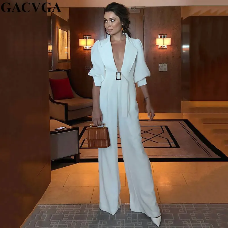 

GACVGA 2019 White high waist belt autumn jumpsuit Women summer jumpsuit romper Female vintage lantern sleeve winter overalls