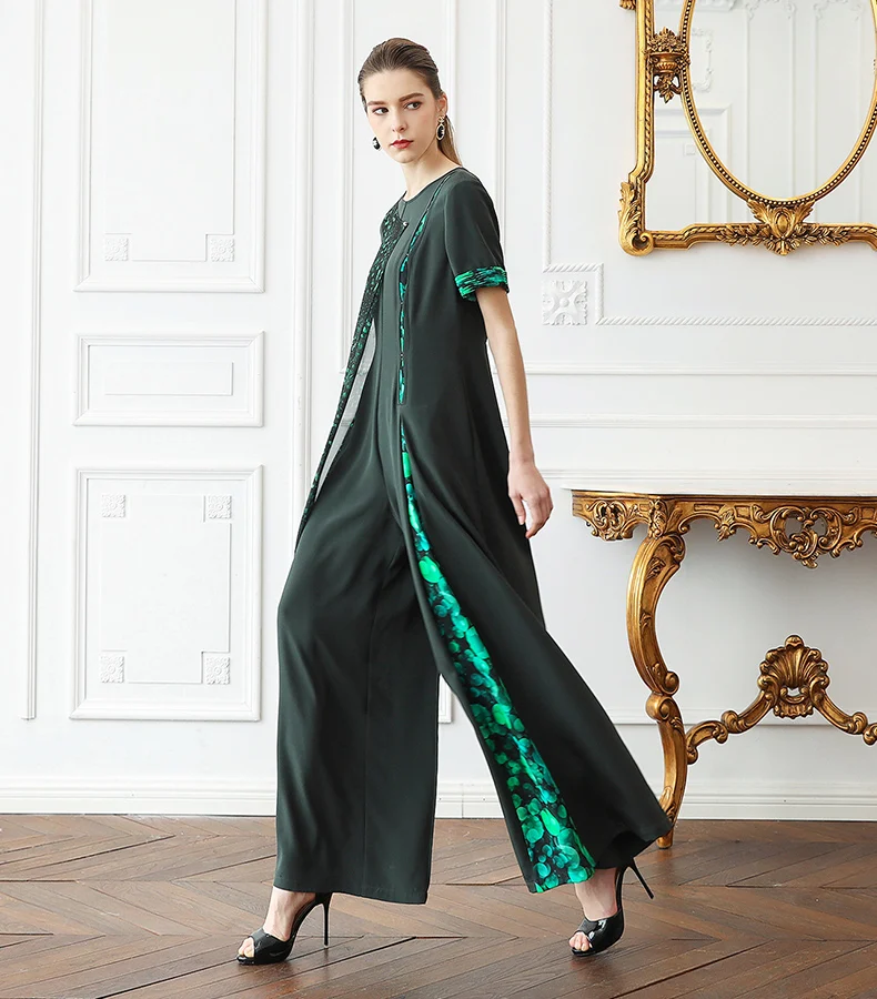 VOA тяжелый Шелковый комбинезон для женщин; Большие размеры широкие брюки длинные Комбинезоны Boho жоржет печати Green Slim Pearl застежка