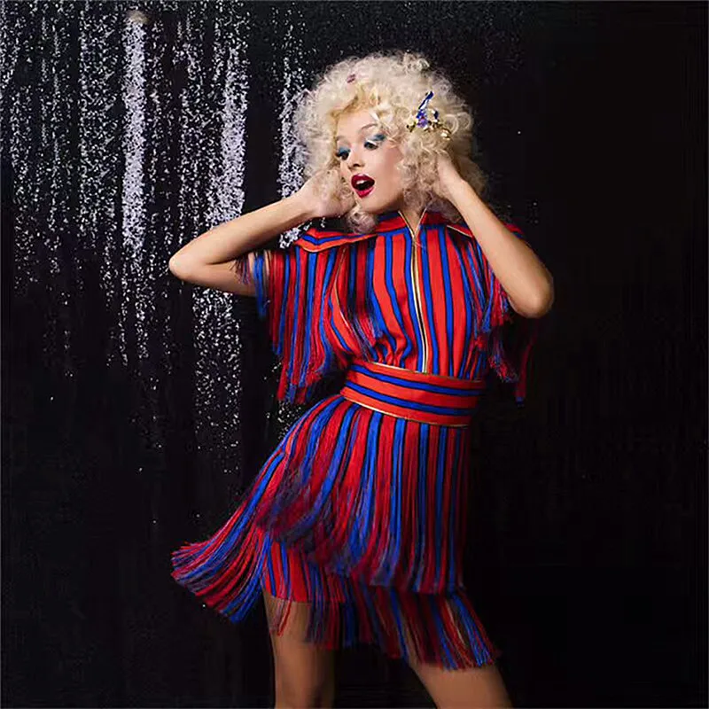 Fashionista Rood Blauw Gestreepte Empire Jurk Vrouwen Engeland Stijl Sexy Kwastje Jurk Vestidos Korte Mouw Feestjurk Fashionista Rood Blauw Gestreepte Empire Jurk Vrouwen Engeland Stijl Sexy Kwastje Jurk Vestidos Korte Mouw Feestjurk