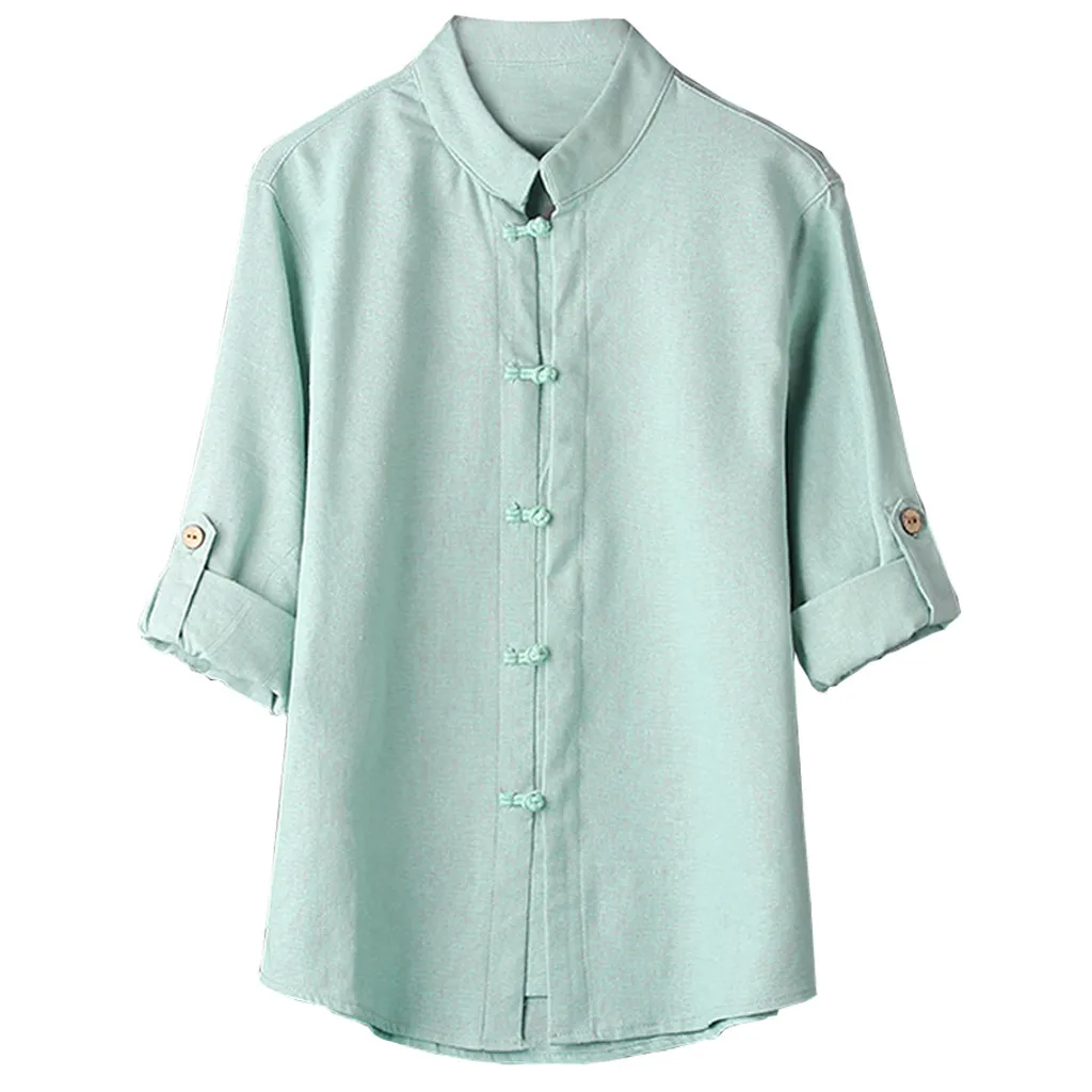 2018 جديد أزياء الساخن الرجال الكلاسيكية النمط الصيني الكونغ فو قميص قمم تانغ دعوى 3/4 كم الكتان بلوزة عالية الجودة الراحة c0409