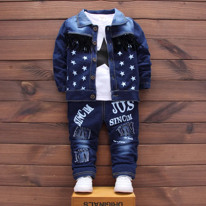 

Boys Sets 2018 Girls Fashion 3PCS Children Clothing Set Star Chaqueta + Long Sleeved T-shirt + Jeans Kids Bebes Jogging Suits